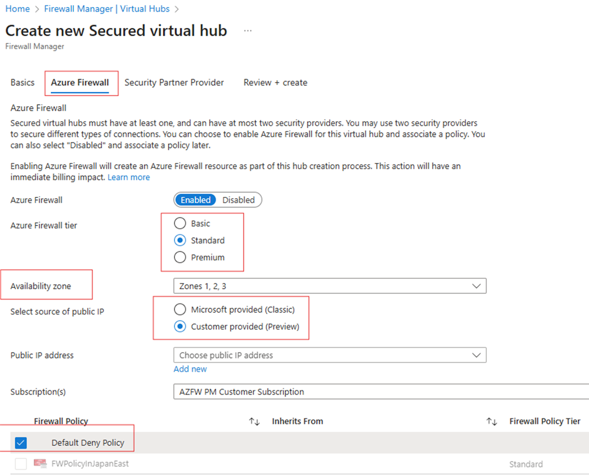 Screenshot of configuring Azure Firewall parameters.