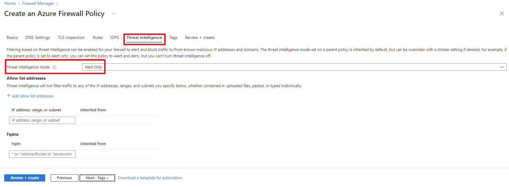 Screenshot of configuring Threat Intelligence settings.