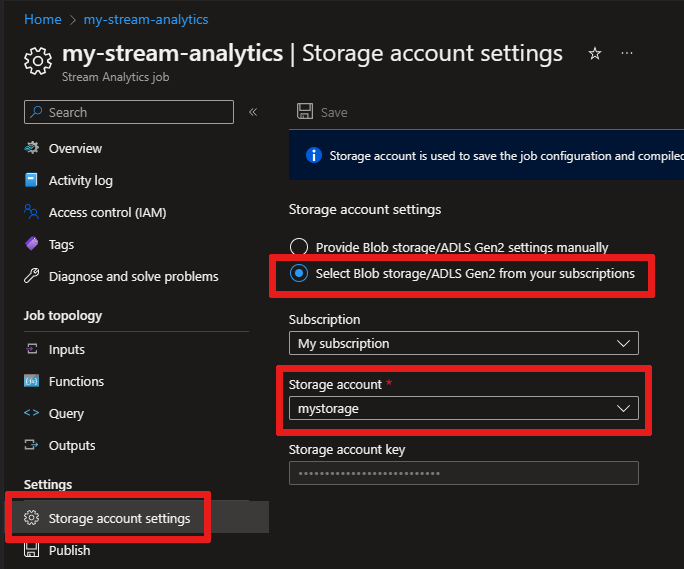 Screenshot of where to add a storage account in your Stream Analytics job in the Azure portal.