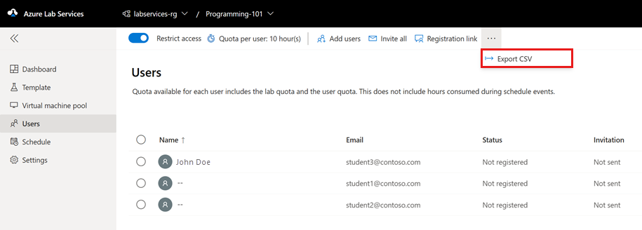 Screenshot that shows how to export the list of lab users to a CSV file in the Azure Lab Services website.