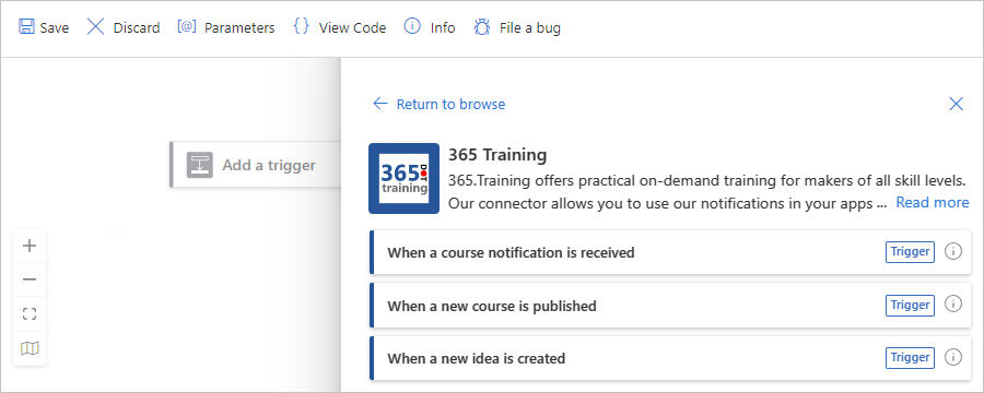 Skärmbild som visar Azure Portal, designer för standardlogikapp med tomt tillståndskänsligt arbetsflöde med anslutningsappen 365 Training och utlösare.
