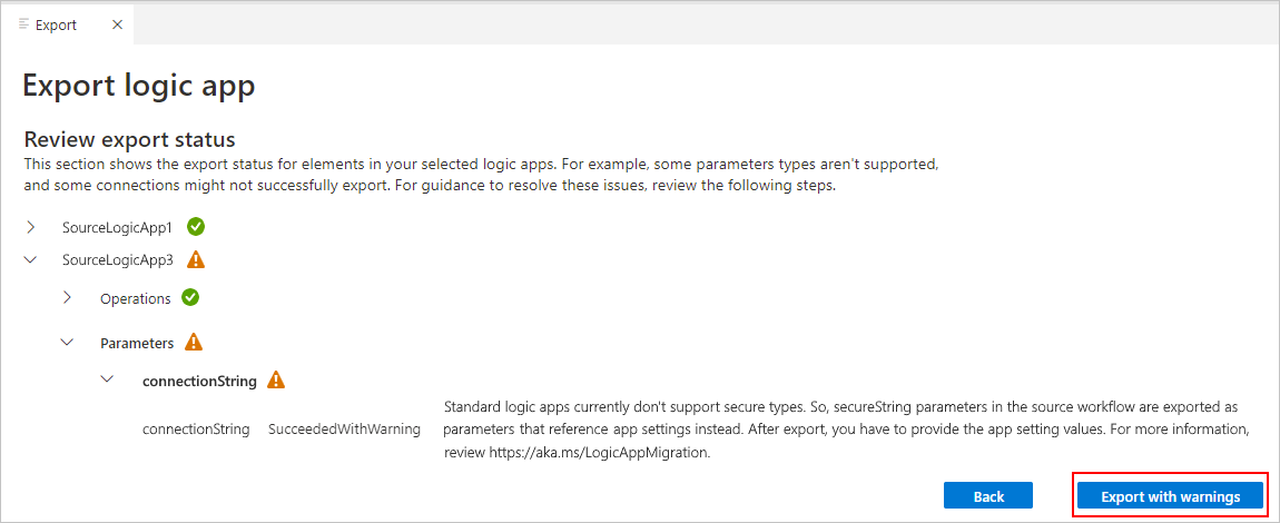 Screenshot showing 'Review export status' section and validation status for logic app workflow with warning.