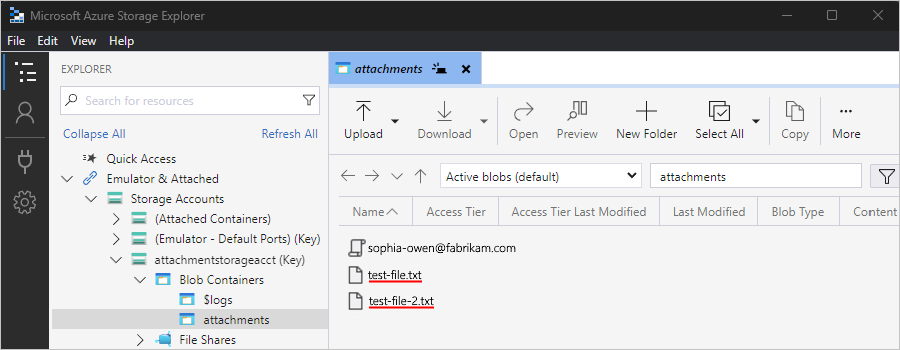 Skärmbild som visar Storage Explorer och sparade e-postmeddelanden och bifogade filer.