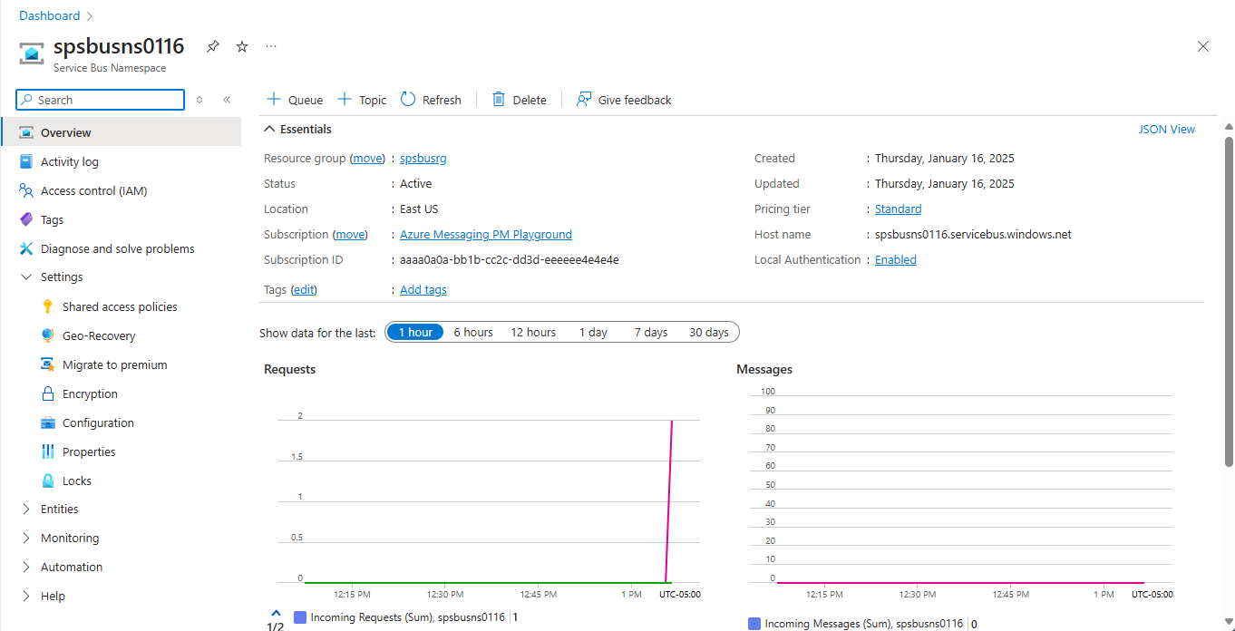 Image showing the home page of the Service Bus namespace created.