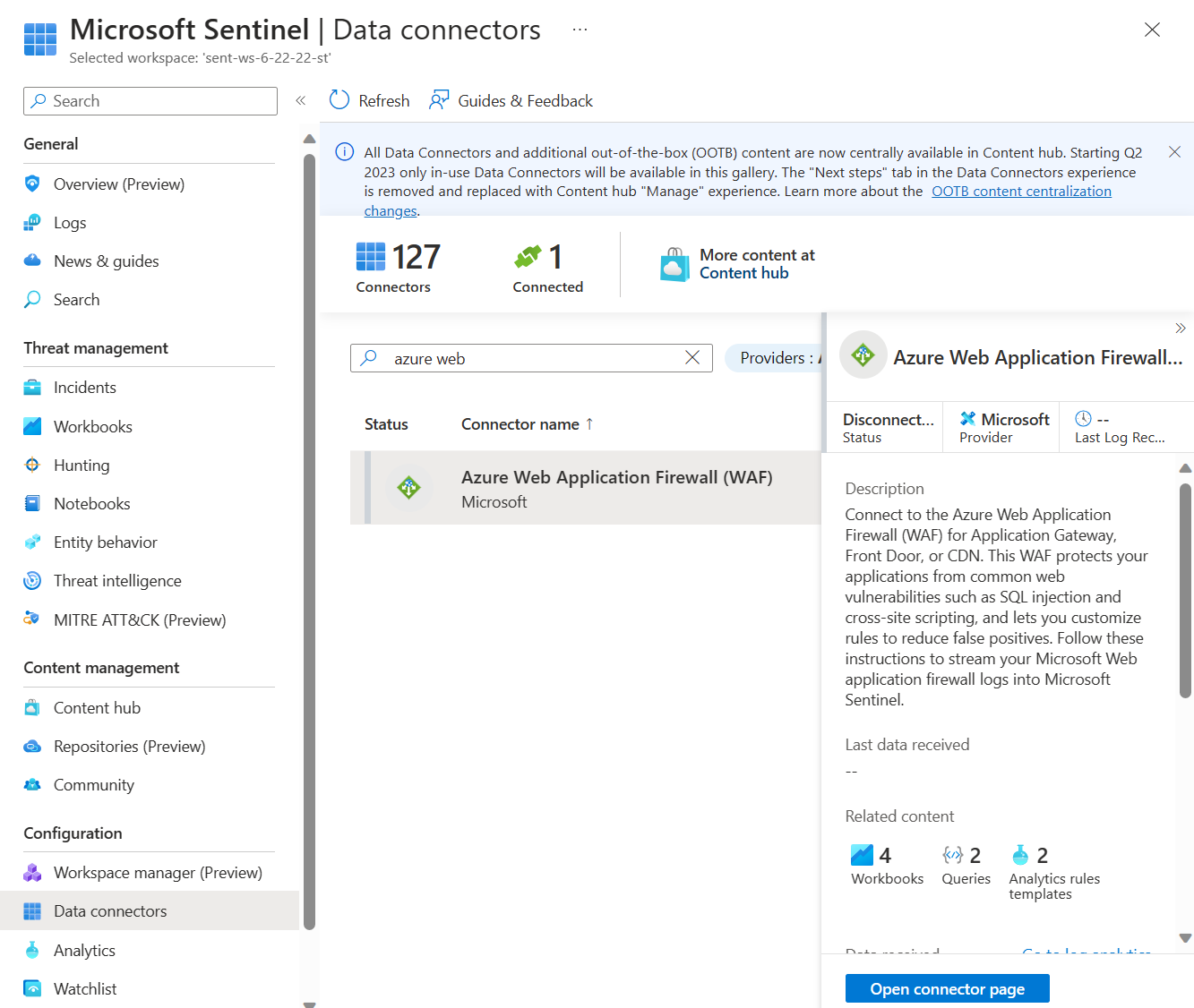 Skärmbild av dataanslutningsappen i Microsoft Sentinel.
