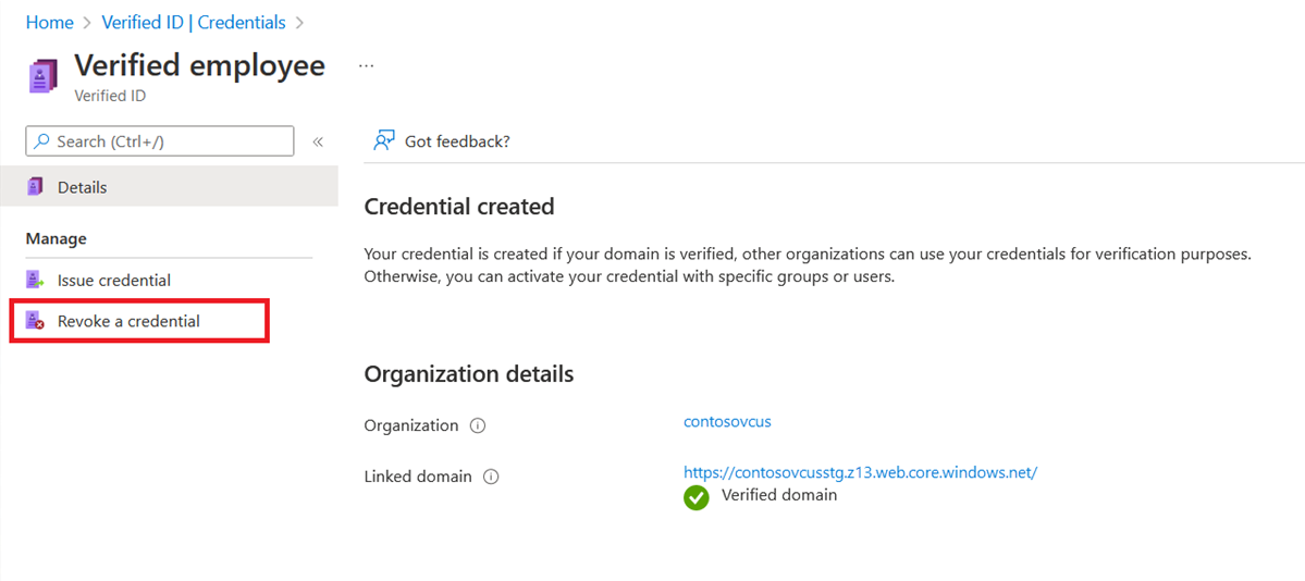 Screenshot that shows revoking a credential.