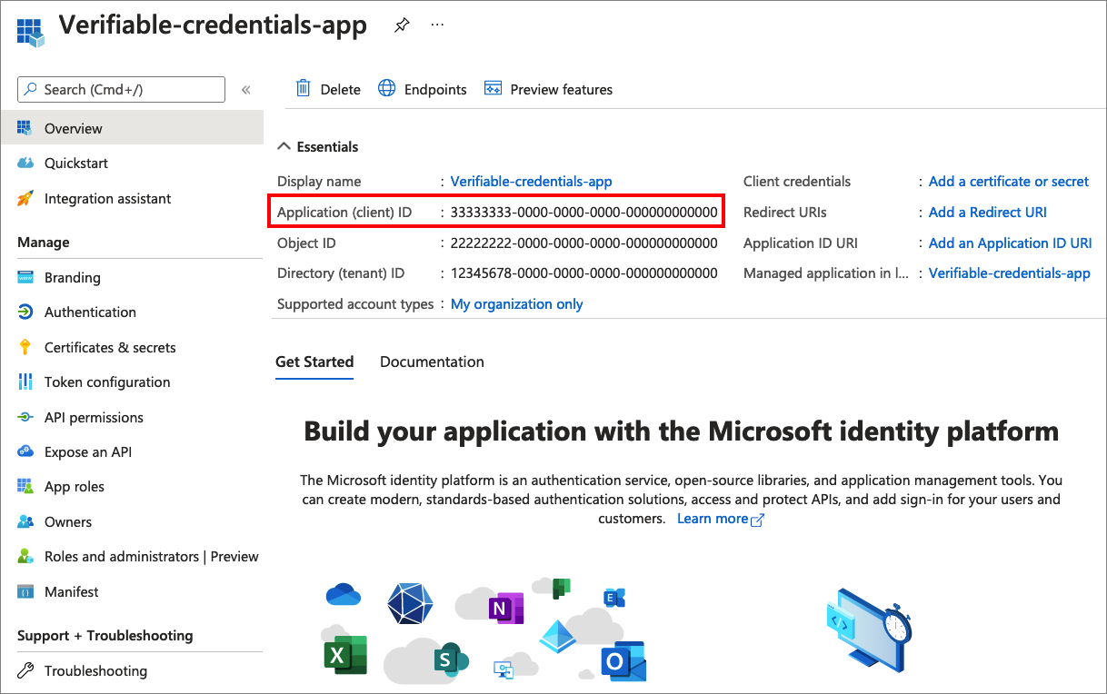 Screenshot that shows how to copy the app registration ID.