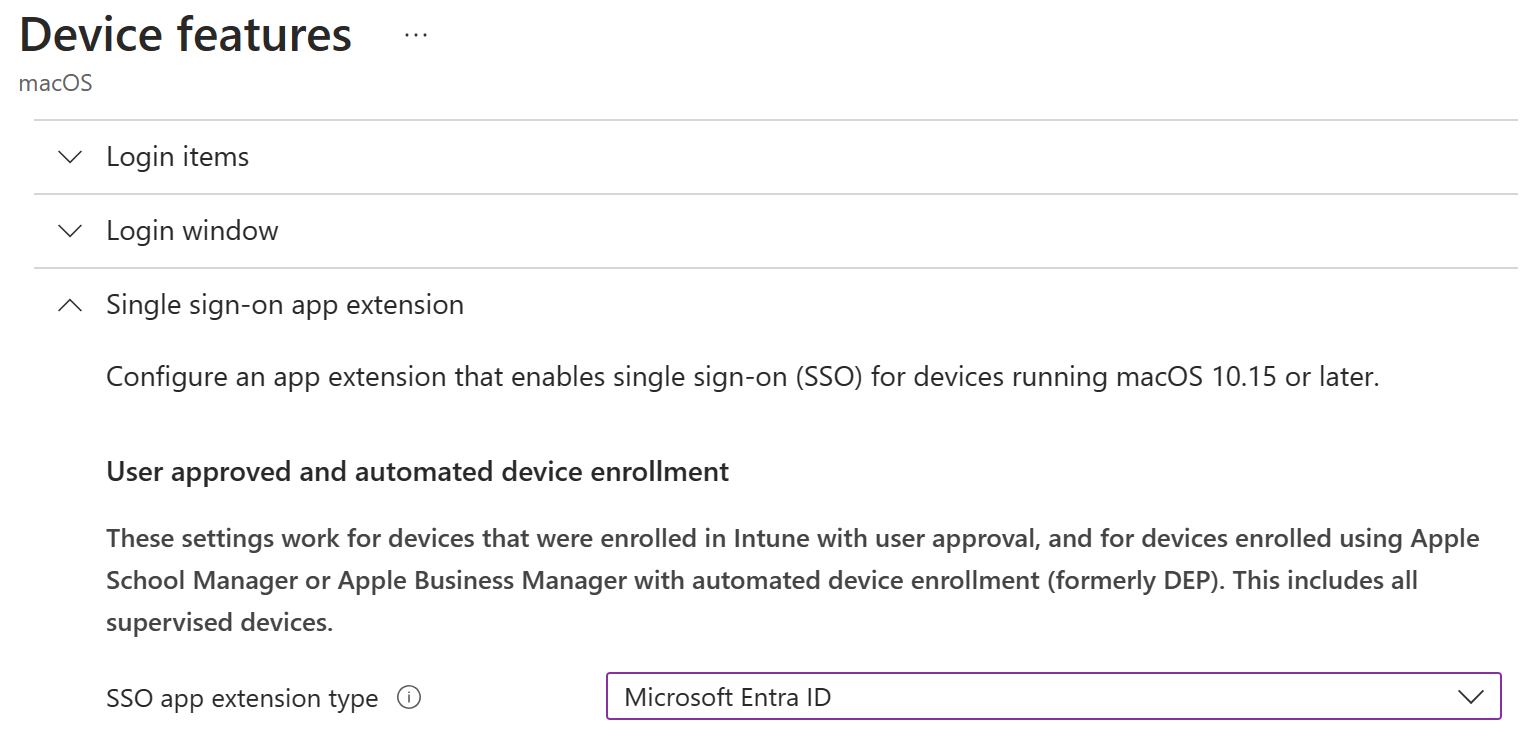 Skärmbild som visar apptilläggstypen SSO och Microsoft Entra-ID för macOS i Intune