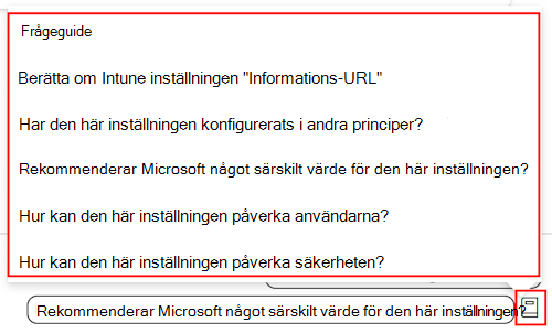 Skärmbild som visar snabbguiden för Copilot-inställningar och en lista över tillgängliga frågor i inställningskatalogen i administrationscentret för Microsoft Intune och Intune.