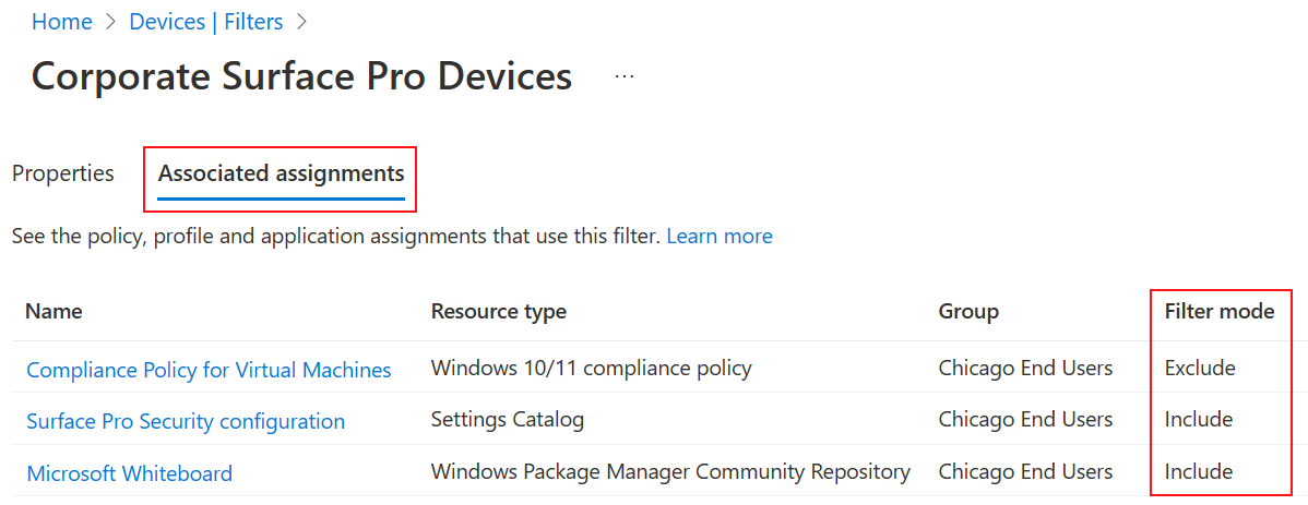 Skärmbild som visar associerade tilldelningsflikar för ett befintligt filter i Microsoft Intune.