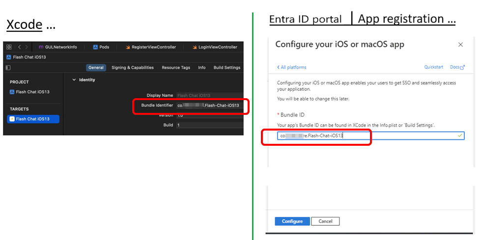 Jämför autentiseringsinställningarna med paket-ID:t i Xcode.