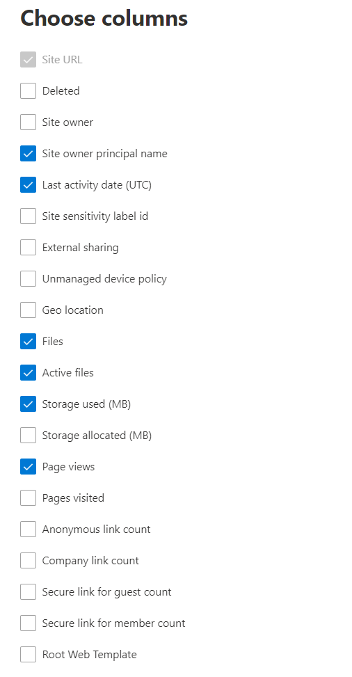 Användningsrapport för SharePoint-webbplats – välj kolumner.