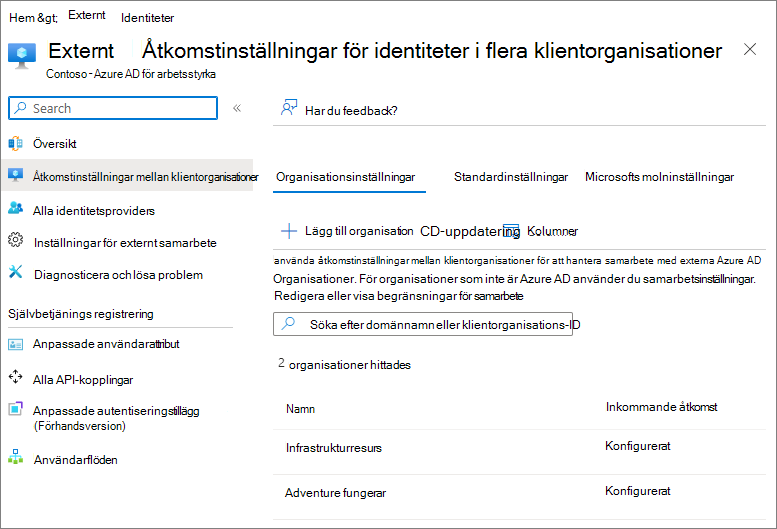 Skärmbild av åtkomstinställningar mellan klientorganisationer i Microsoft Entra-ID med två externa organisationer konfigurerade.
