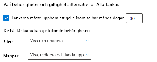 Skärmbild av förfalloinställningar för Alla-länkar på SharePoint-organisationsnivå.