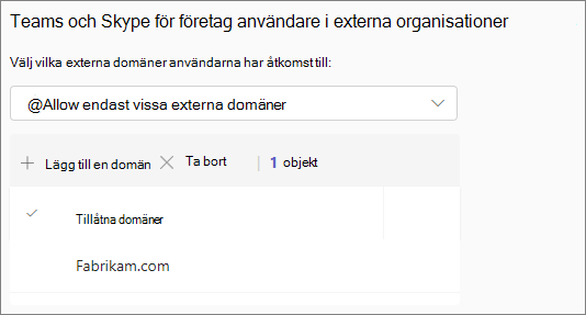 Skärmbild av inställningar för extern åtkomst i Teams och Skype för företag-användare i externa organisationer med en tillåten domän.