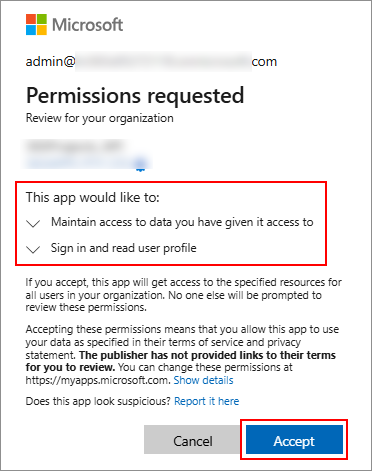 Screenshot showing the dialog that accepts consent for the permissions requested by an app.