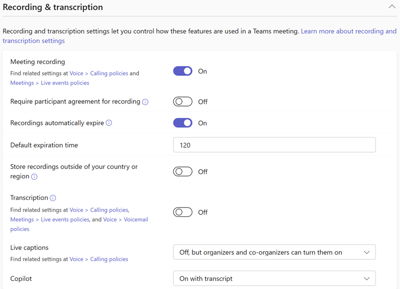 Screenshot of Teams meeting recording & transcription policies in the Teams admin center.