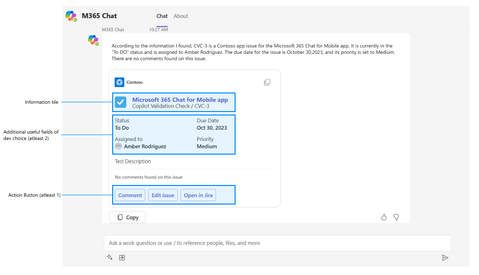 Screenshot shows an example of information title, additional user fields, and action button in an Adaptive Card response.