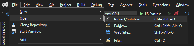 Screenshot shows how to open a project in Visual Studio.