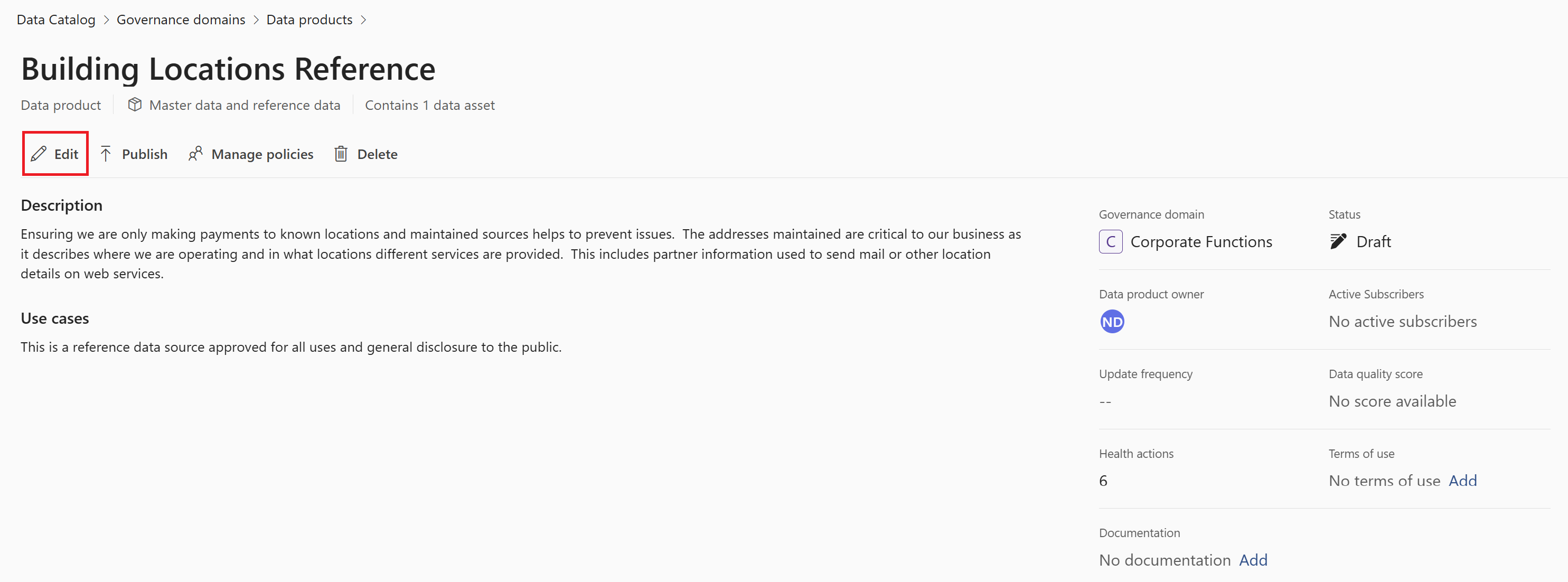 Screenshot of a data product detail page with the edit button highlighted.