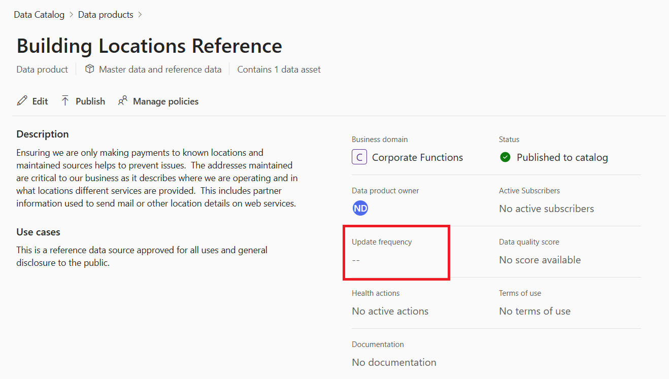 Screenshot of a data product detail page with the update frequency attribute highlighted.