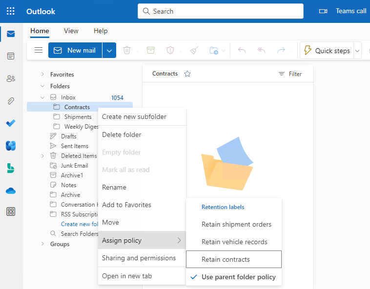 Apply default retention label for Outlook on the web folder.