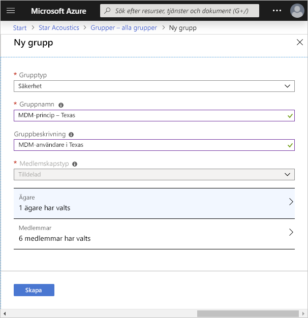 Screenshot of the Create Group feature in the Azure portal.