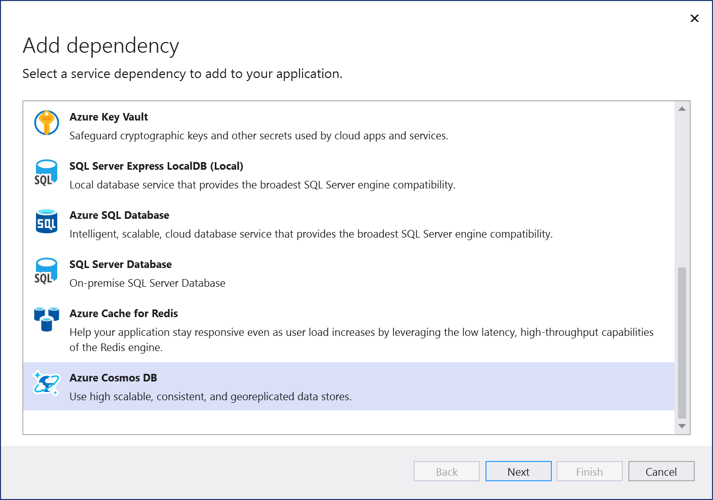 Screenshot showing "Add Dependency" screen, selecting the "Add Azure Cosmos DB" option.