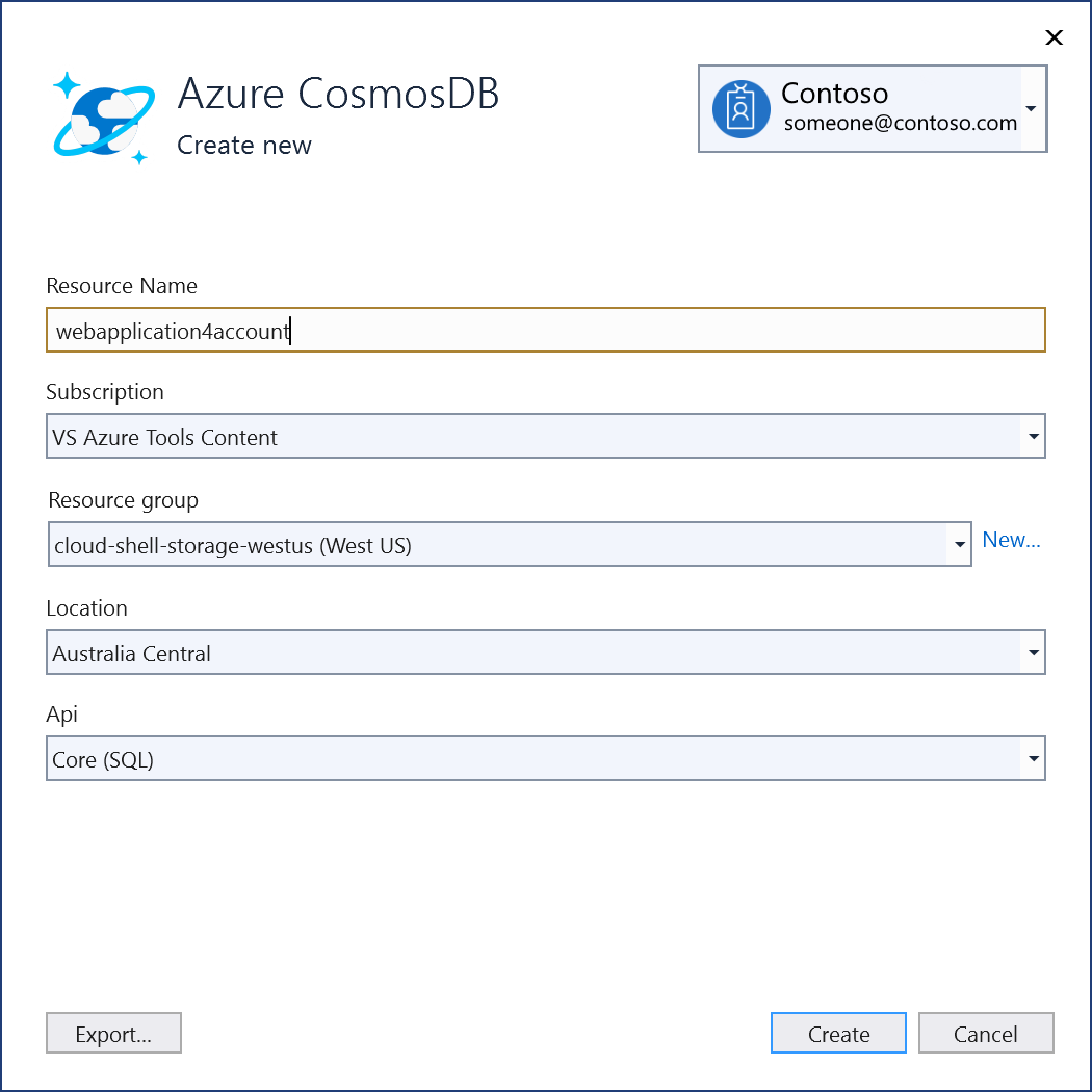 Screenshot showing "New Azure Cosmos DB" screen.