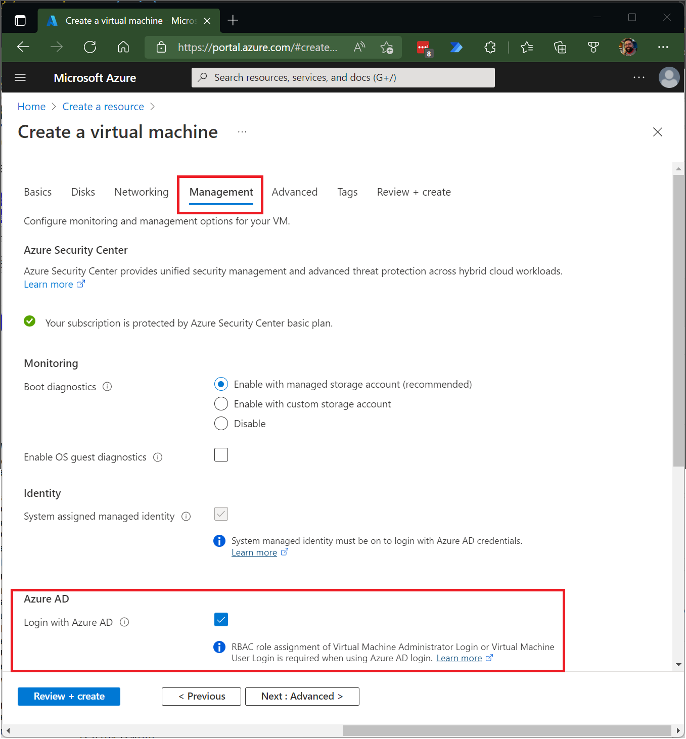 Skärmbild som visar fliken Hantering på sidan Azure Portal för att skapa en virtuell dator.