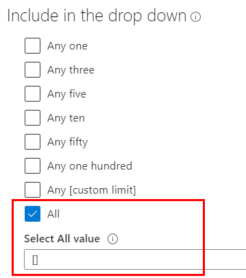 Skärmbild av fönstret Ny parameter i Azure Portal. Alternativet Alla är markerat och fältet Alla och Välj alla-värde är markerade.