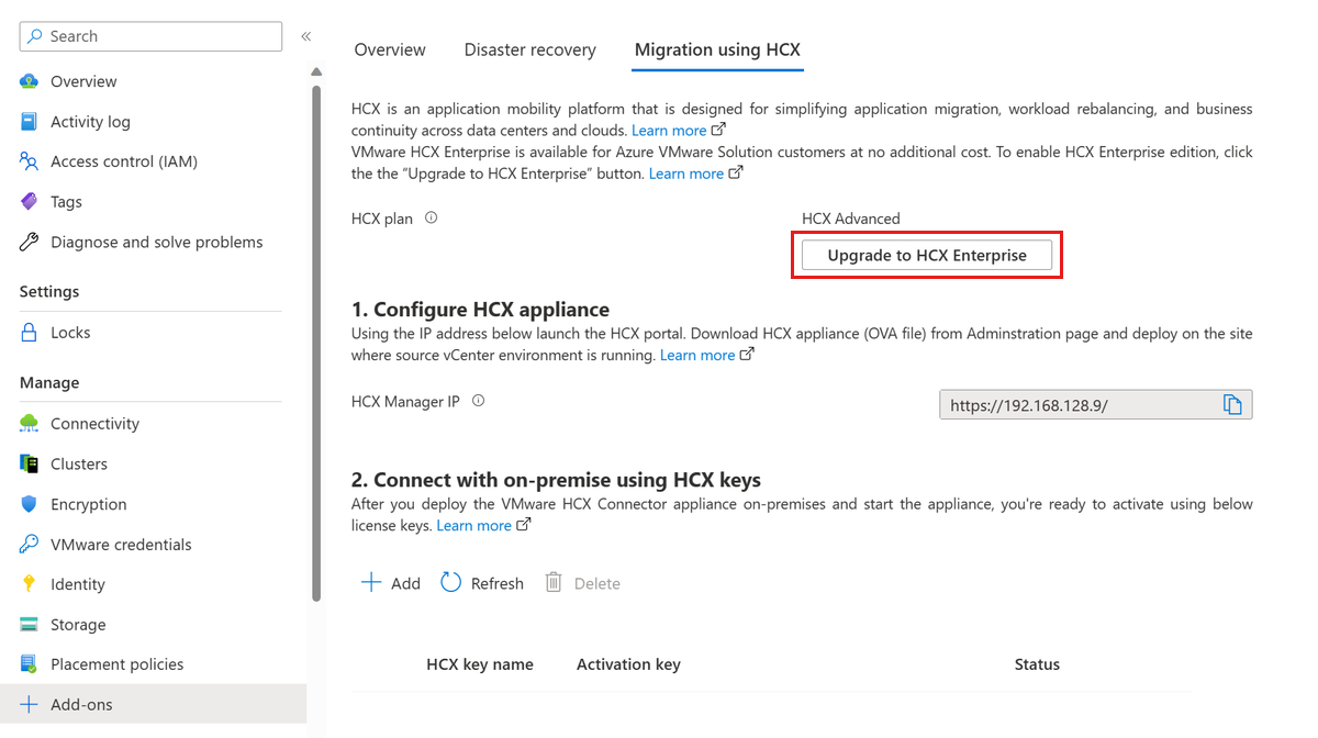 Skärmbild som visar uppgradering till VMware HCX Enterprise med hjälp av fliken VMware HCX under Tillägg.