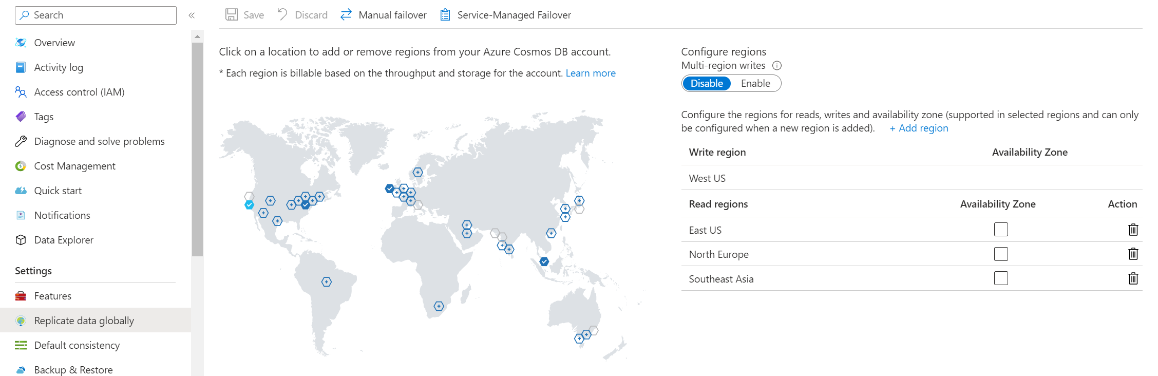 Skärmbild som visar menyn replikerade data globalt.