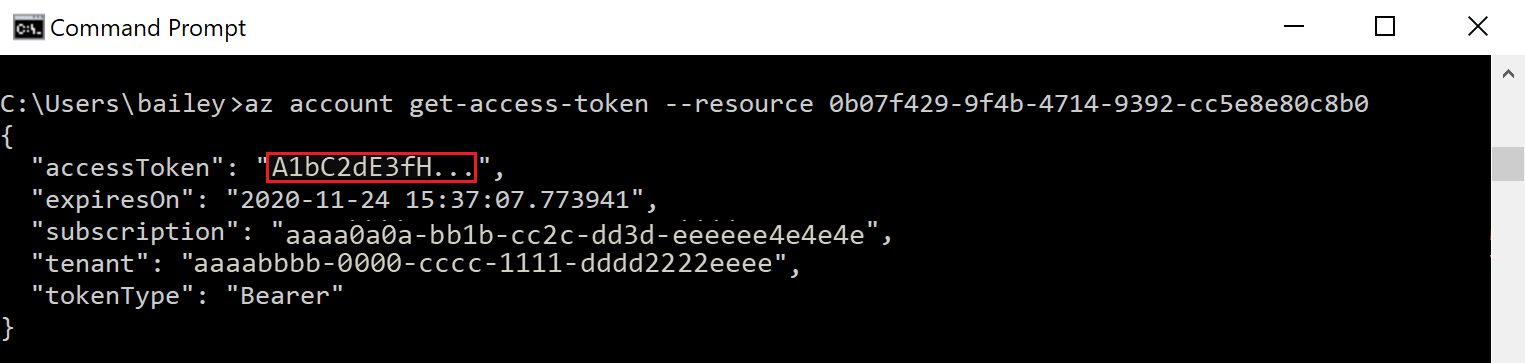 Skärmbild av konsolen som visar resultatet av kommandot az account get-access-token. Fältet accessToken med ett exempelvärde är markerat.