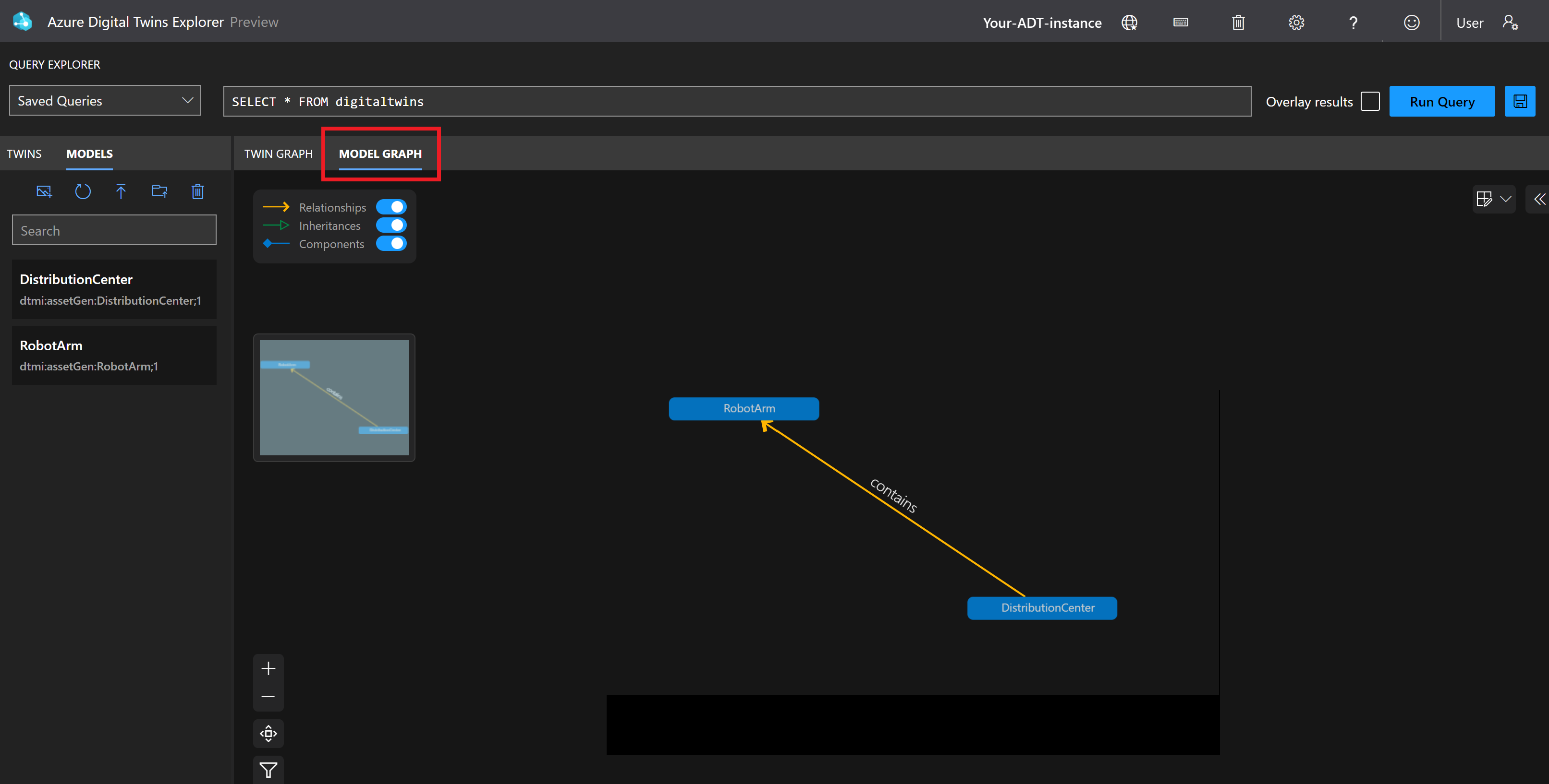 Skärmbild av Azure Digital Twins Explorer som markerar knappen Modelldiagram för visningsfönstret.