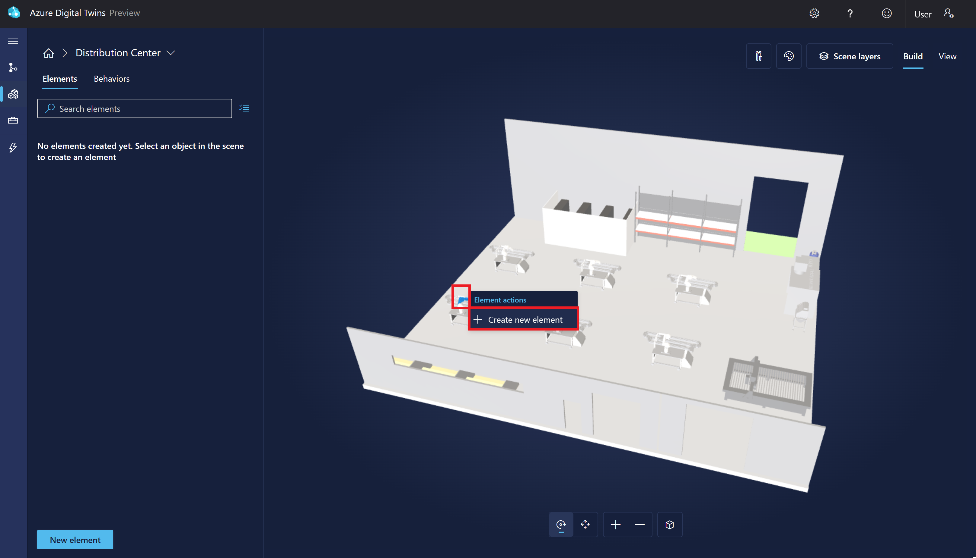 Skärmbild av fabriksscenen i 3D Scenes Studio. En robotarm är markerad med ett alternativ för att skapa ett nytt element.