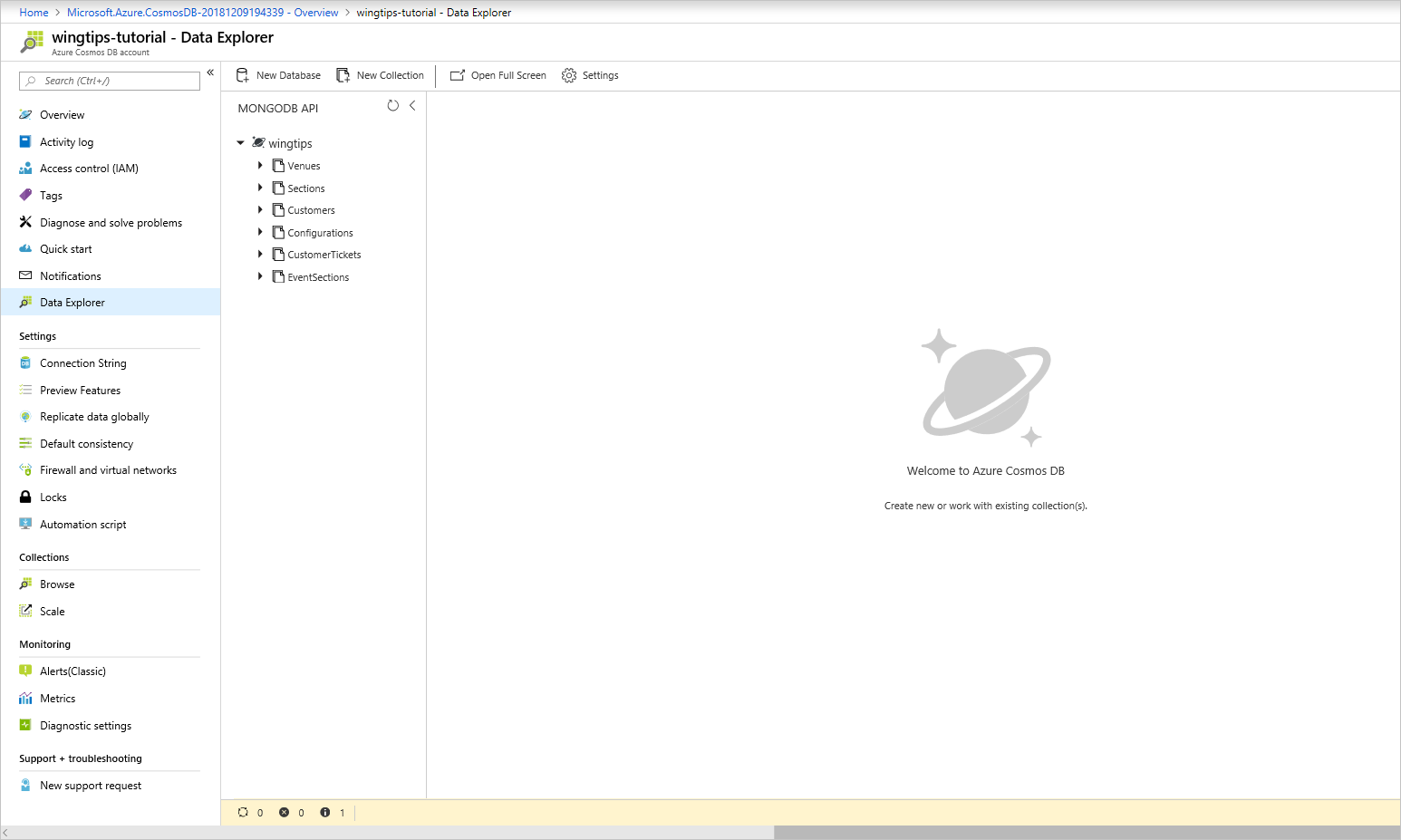 Skärmbild som visar var du kan kontrollera ditt Azure Cosmos DB-konto för att kontrollera att alla samlingar har migrerats.