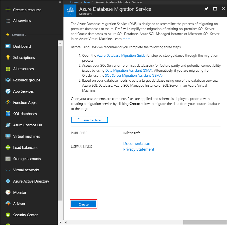 Skärmbild som visar hur du skapar en instans av Azure Database Migration Service.