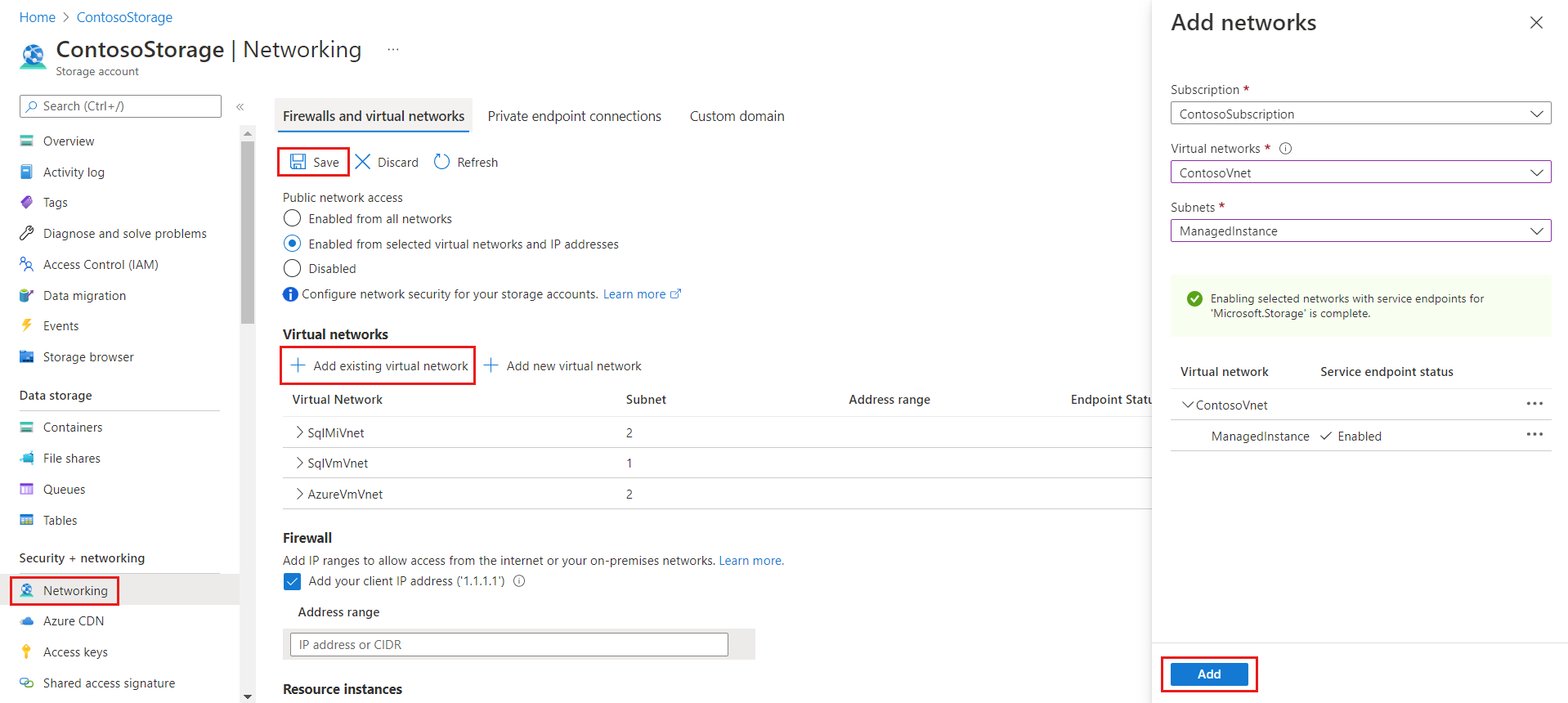 Screenshot that shows the storage account network firewall configuration