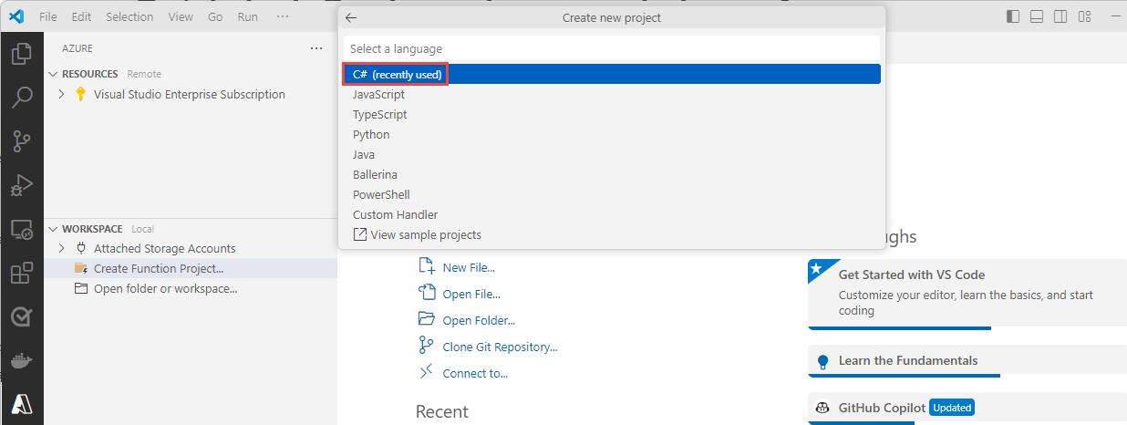 Skärmbild som visar valet av C Sharp som språk för att utveckla en Azure-funktion.