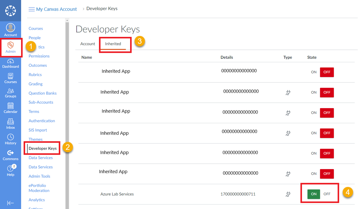 Skärmbild som visar hur du aktiverar den ärvda Azure Lab Services-appen i inställningarna för arbetsyteadministratör.