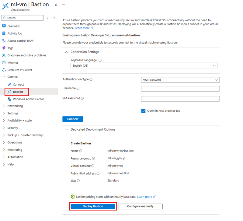 Skärmbild av alternativet distribuera Bastion.