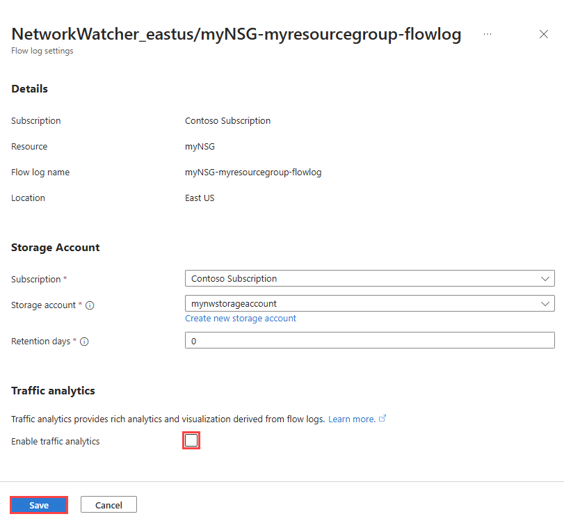Skärmbild som visar hur du aktiverar trafikanalys för en befintlig flödeslogg i Azure Portal.