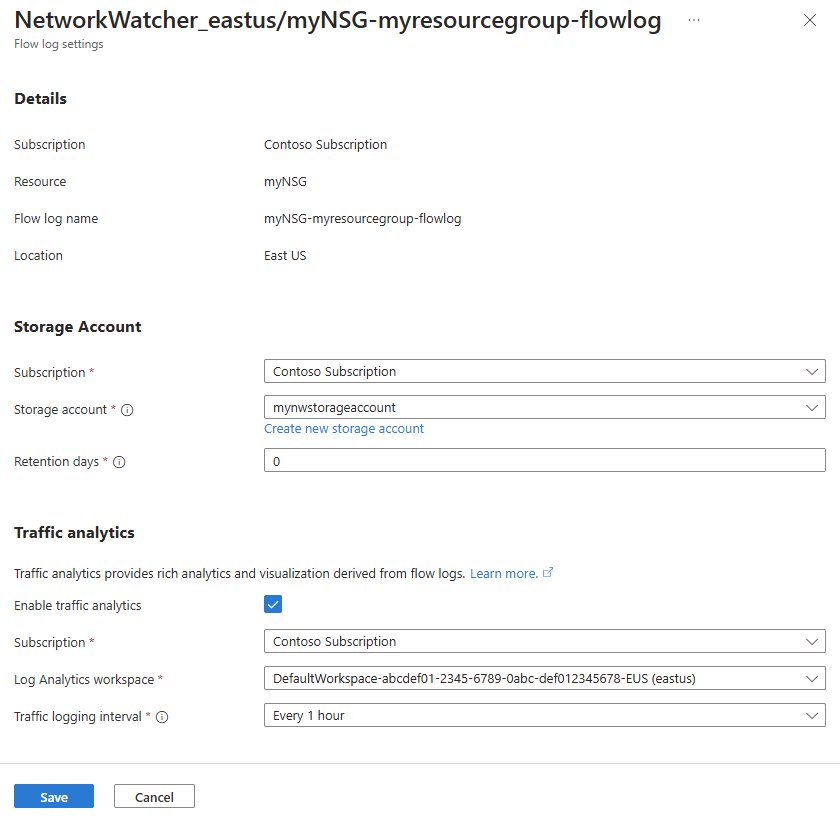 Skärmbild av inställningssidan för Flödesloggar i Azure Portal.