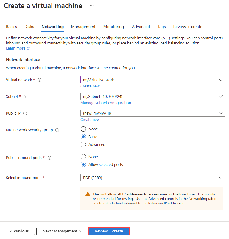 Skärmbild av fliken Nätverk för att skapa en virtuell dator i Azure Portal.