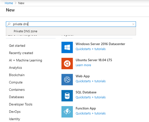 Skärmbild som visar sökning efter privat DNS-zon på sidan nya resurser i Azure-portalen.