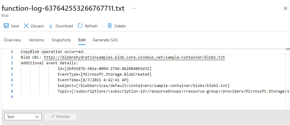 Screenshot showing the contents of the log blob in the Azure portal