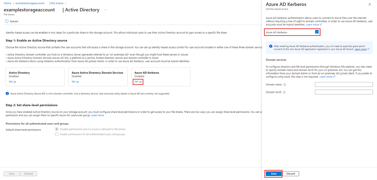 Skärmbild av Azure Portal som visar Active Directory-konfigurationsinställningar för ett lagringskonto. Microsoft Entra Kerberos har valts.