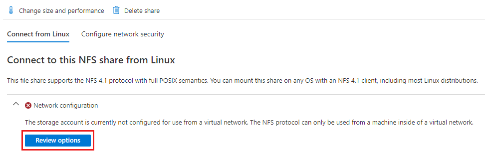 Skärmbild som visar hur du konfigurerar inställningar för nätverks- och säker överföring för att ansluta N F S-resursen från Linux.