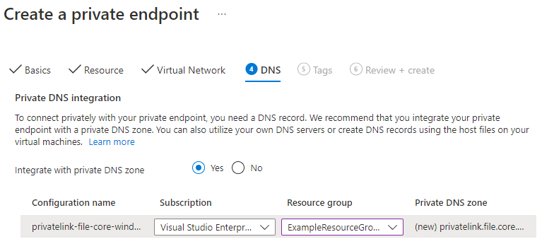 Skärmbild som visar hur du integrerar din privata slutpunkt med en privat DNS-zon.